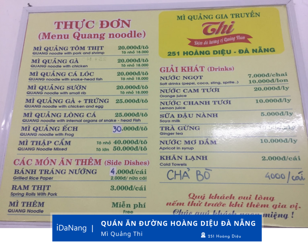 Menu Mì Quảng Thi